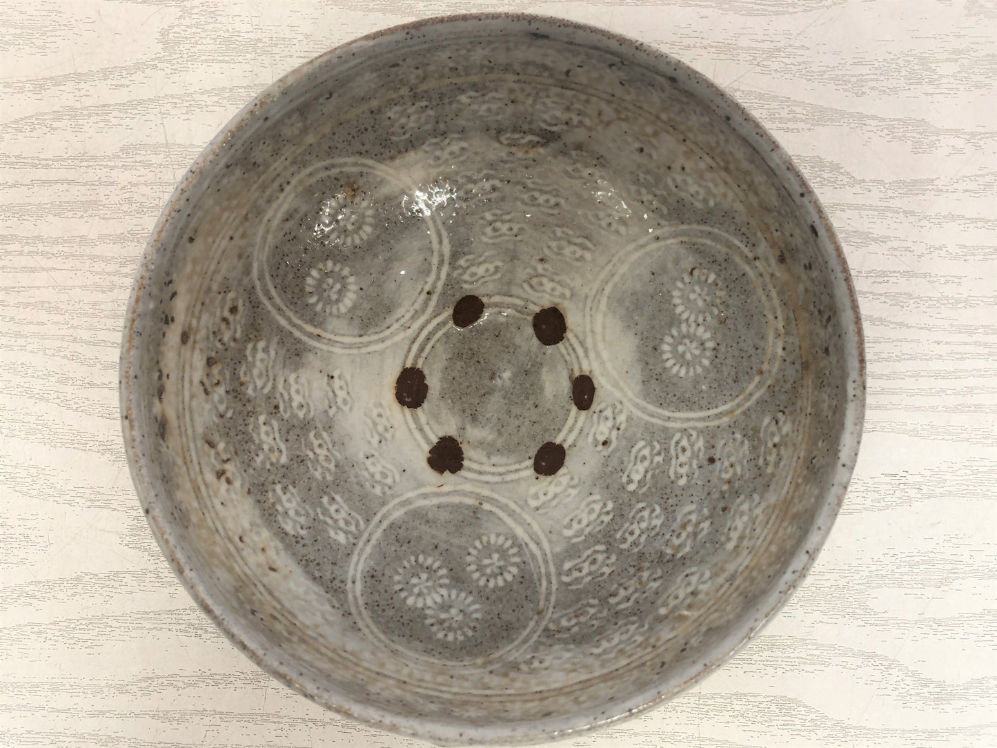 Y3774 CHAWAN Mishima signed box Rokubei Shimizu Japan antique tea ceremony bowl