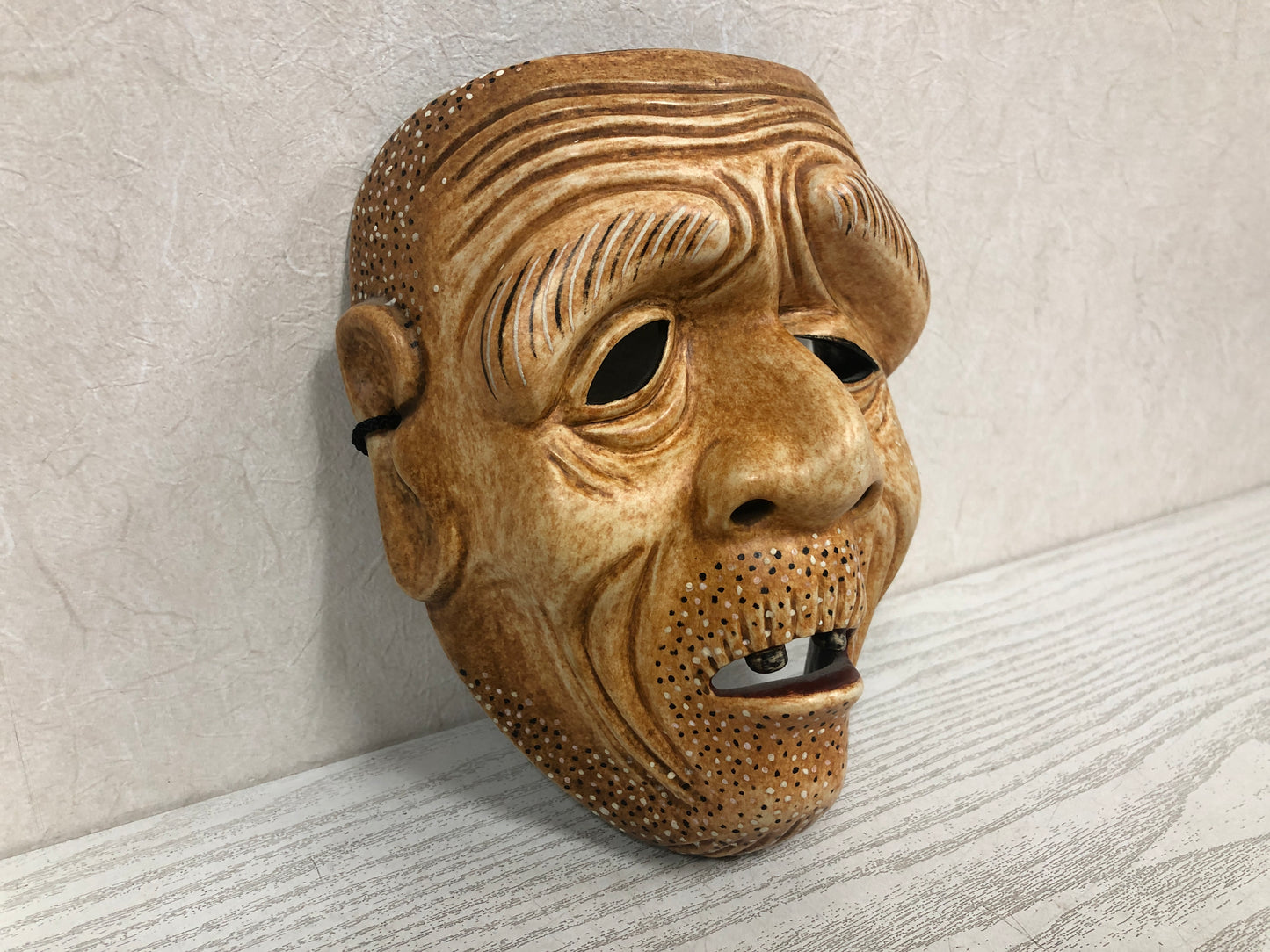 Y3797 NOH MASK wood carving Old man signed Japan antique vintage dance drama