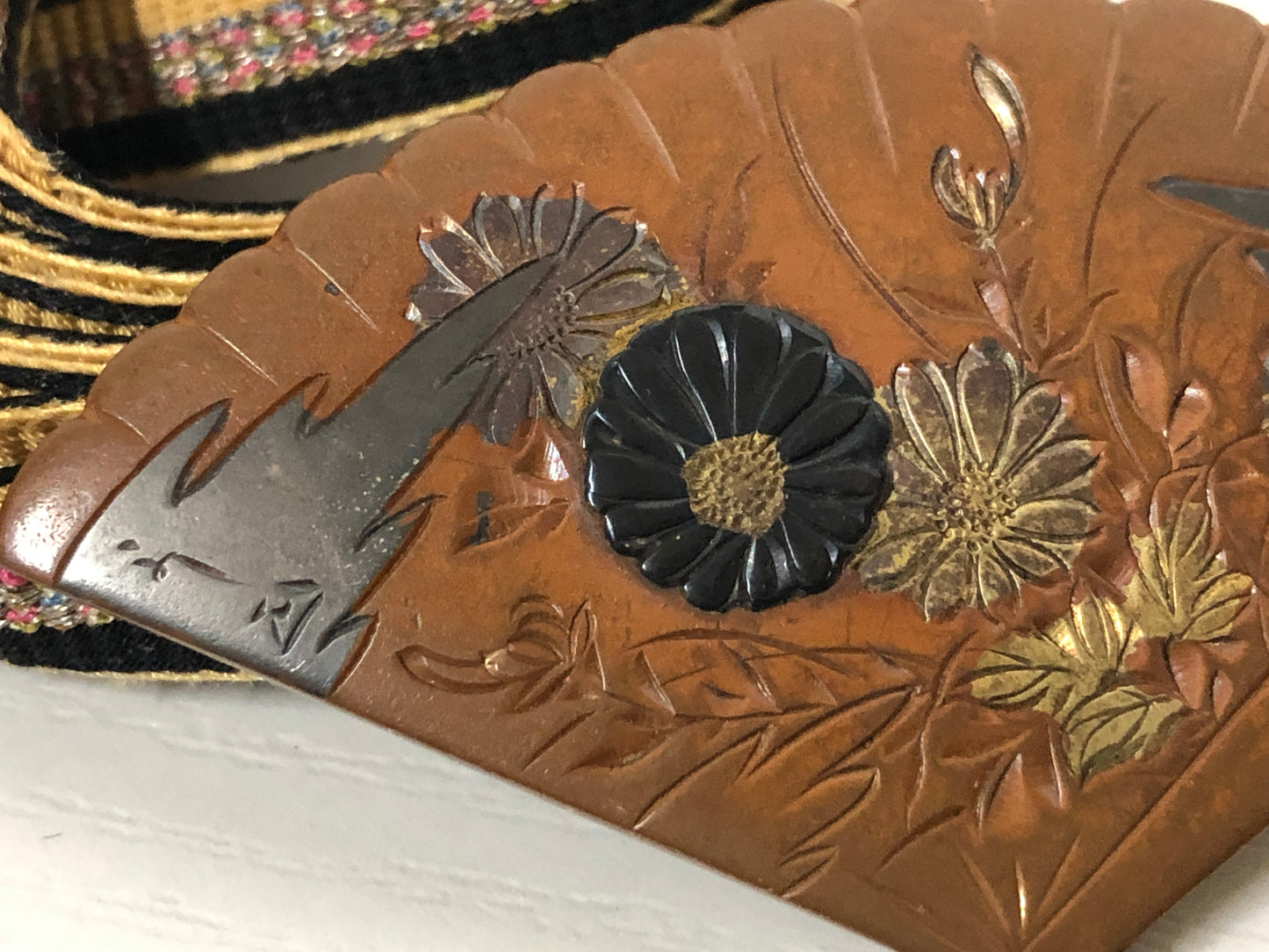 Y3845 OBIDOME Fan Sash Clip metalwork engraving Japan Kimono accessory antique