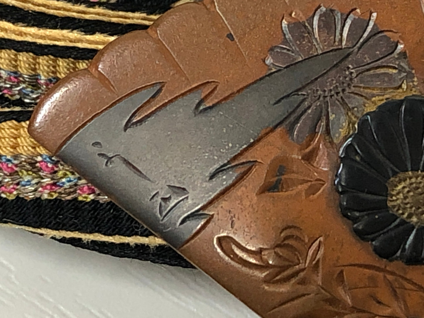 Y3845 OBIDOME Fan Sash Clip metalwork engraving Japan Kimono accessory antique