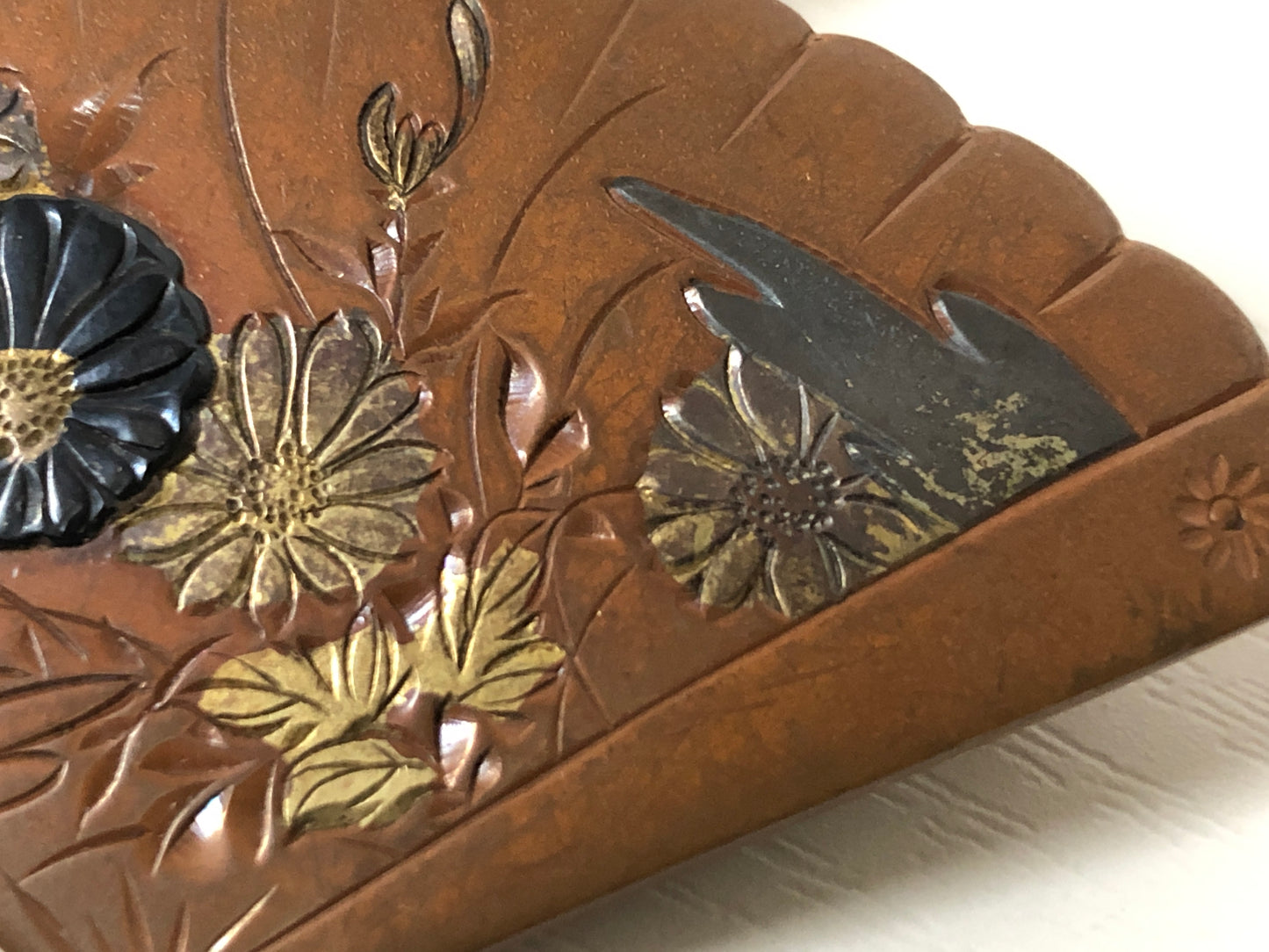 Y3845 OBIDOME Fan Sash Clip metalwork engraving Japan Kimono accessory antique