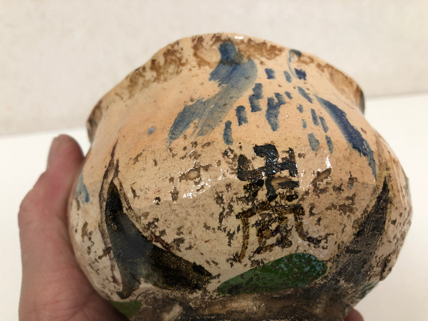 Y3913 CHAWAN Raku-ware color picture Japan antique tea ceremony bowl cup pottery