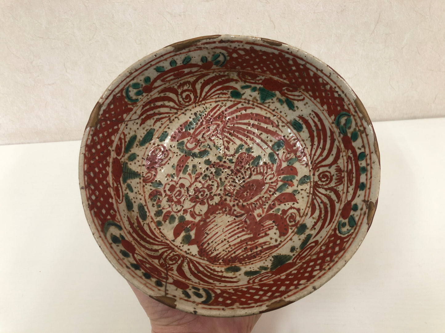 Y3919 CHAWAN Inuyama-ware red picture kintsugi box Japan confectionery bowl