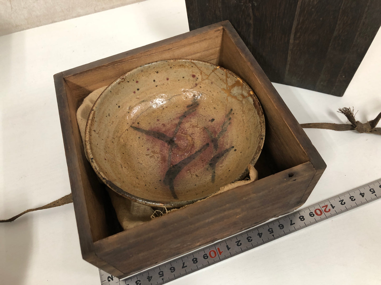 Y3940 CHAWAN Mino-ware flat kintsugi box Japan antique tea ceremony bowl pottery