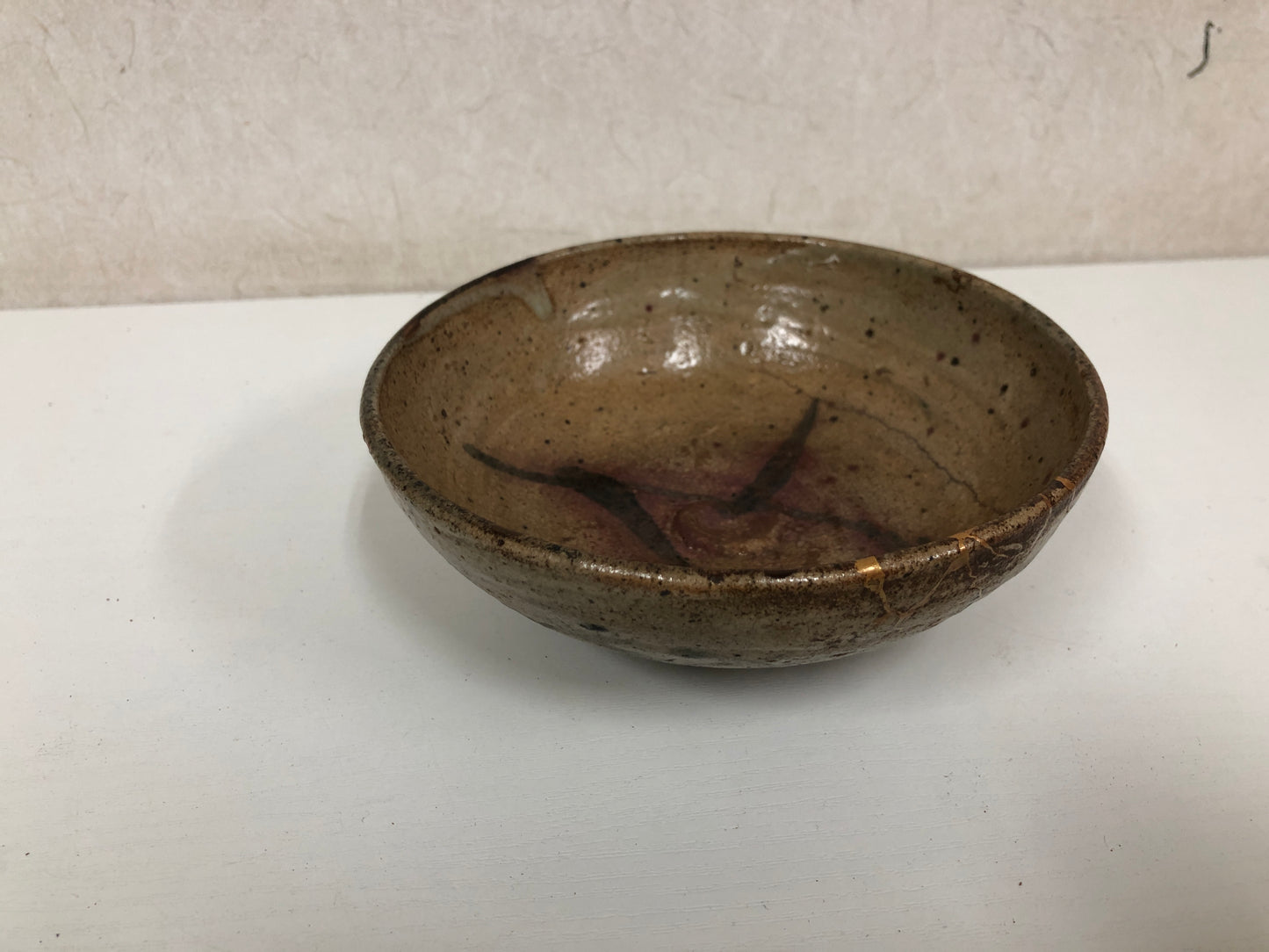 Y3940 CHAWAN Mino-ware flat kintsugi box Japan antique tea ceremony bowl pottery