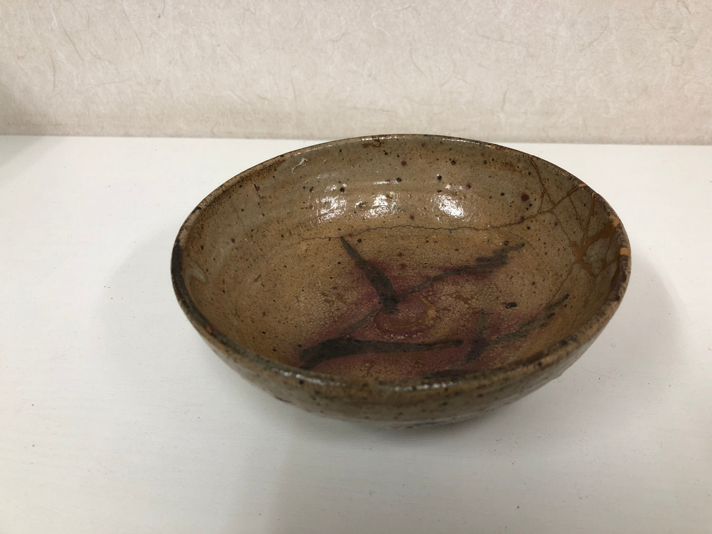 Y3940 CHAWAN Mino-ware flat kintsugi box Japan antique tea ceremony bowl pottery