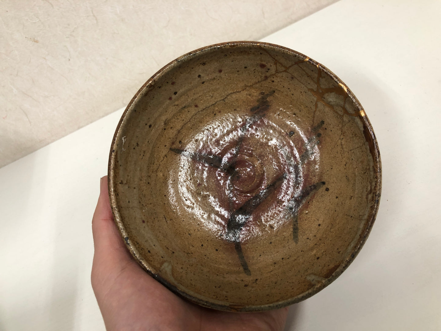 Y3940 CHAWAN Mino-ware flat kintsugi box Japan antique tea ceremony bowl pottery
