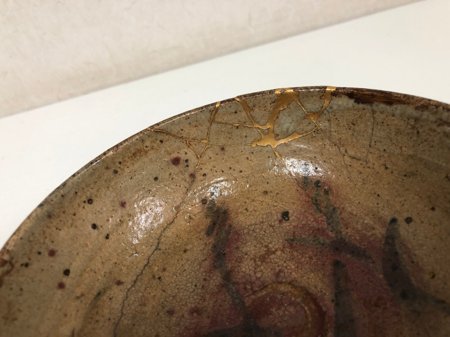 Y3940 CHAWAN Mino-ware flat kintsugi box Japan antique tea ceremony bowl pottery