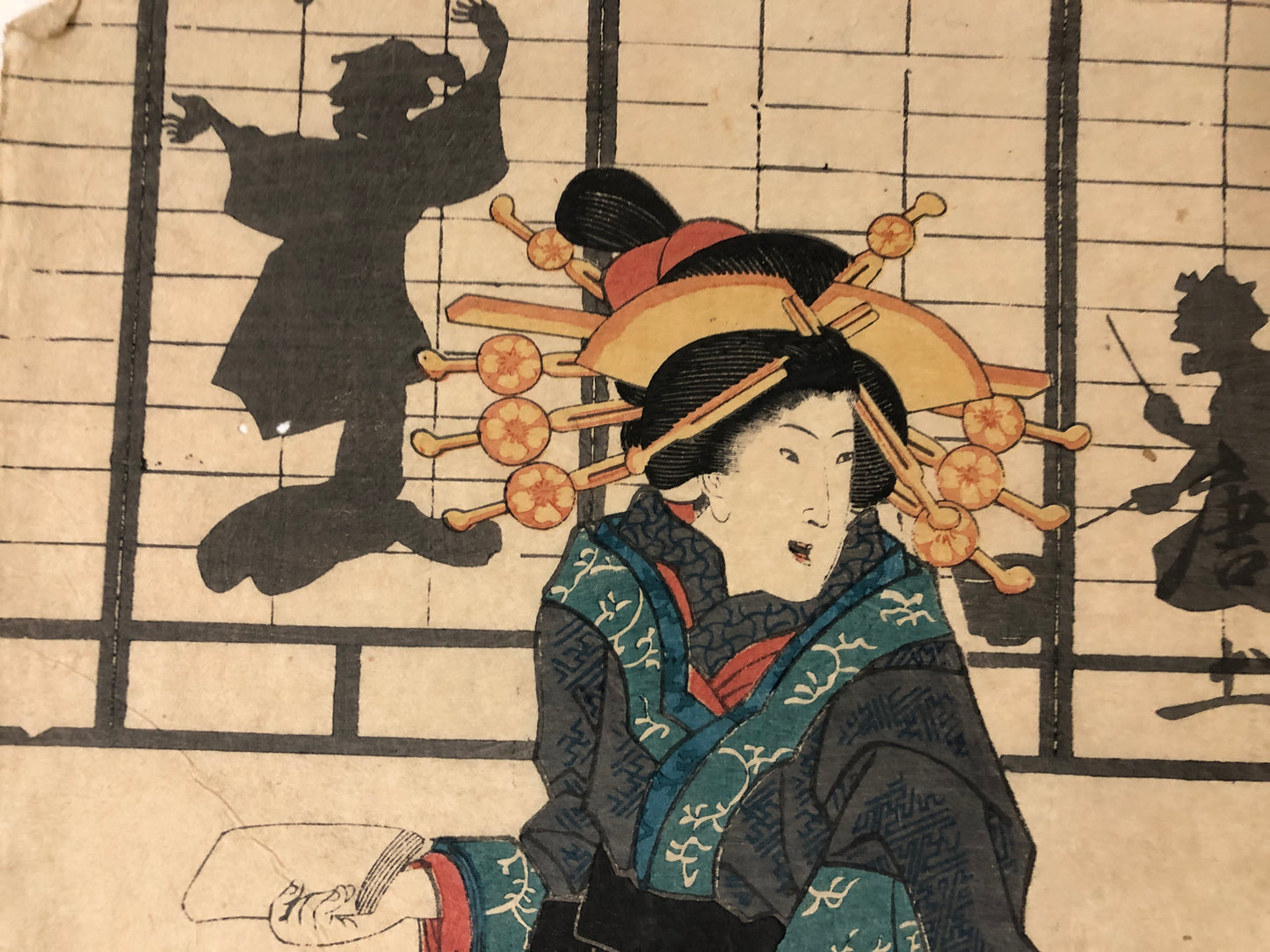Y4007 WOODBLOCK PRINT kimono beauty no signature Japan Ukiyoe interior antique