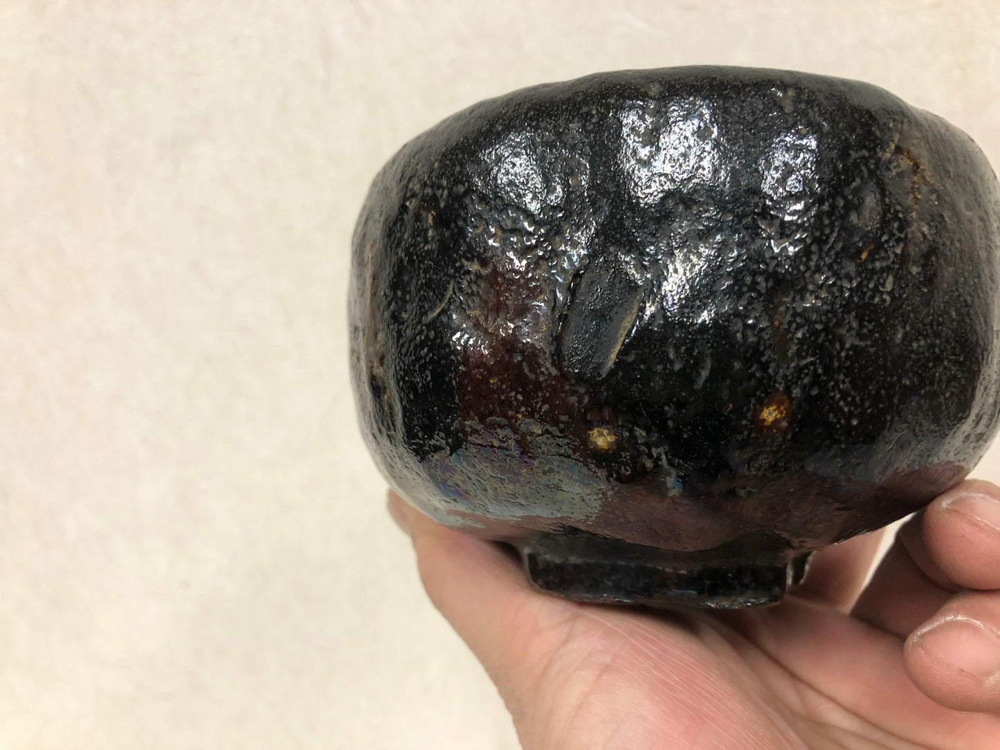 Y4040 CHAWAN Raku-ware Black box kintsugi Japan antique tea cremony pottery