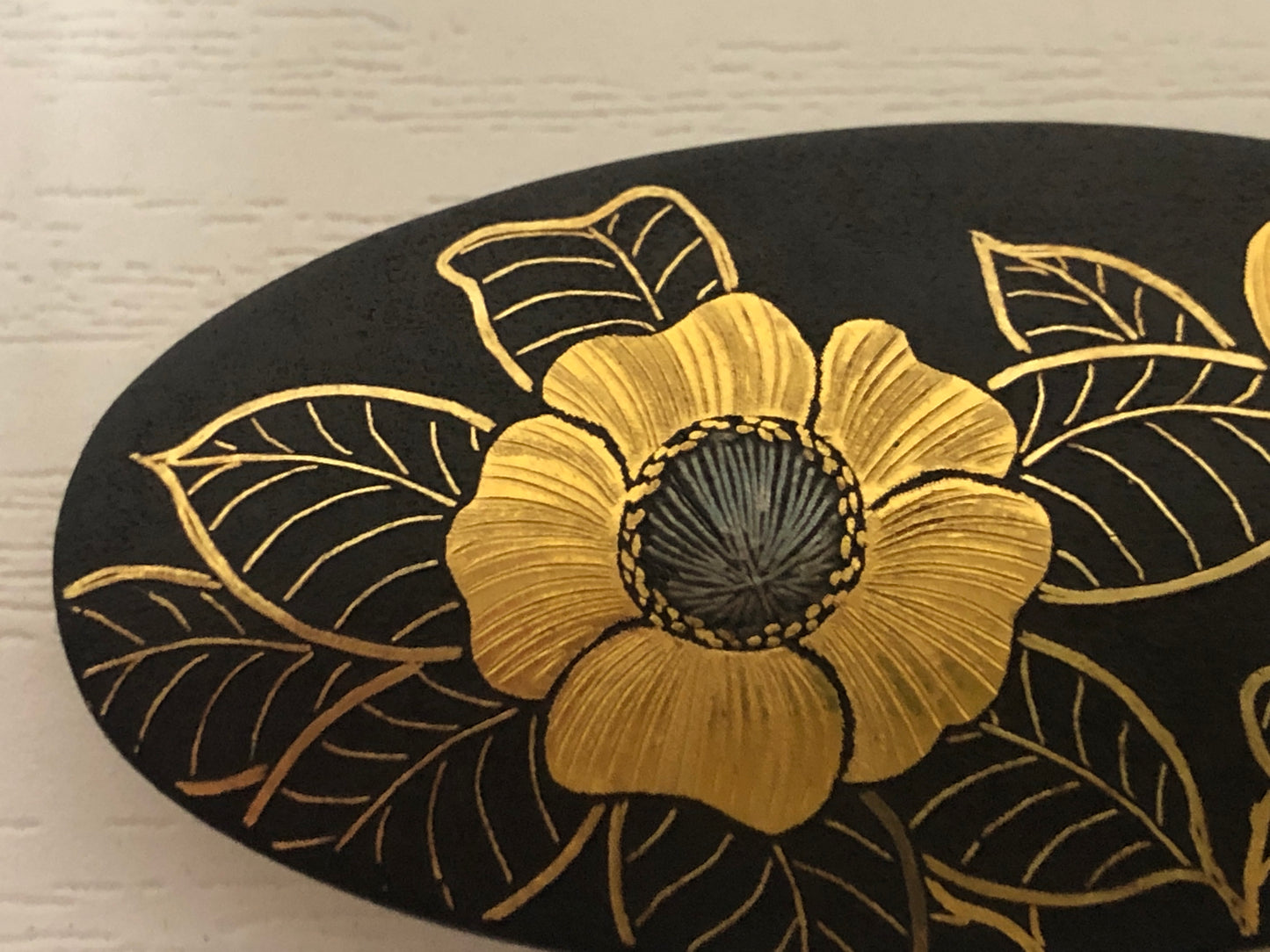 Y4081 OBIDOME Sash Clip Iron Gold inlay flower box Japan Kimono vintage antique