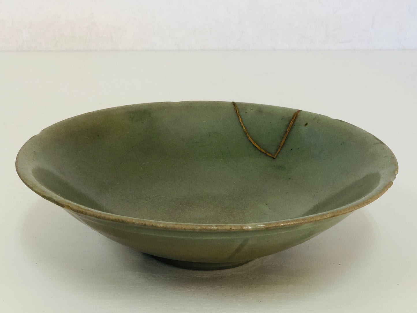 Y4105 CHAWAN Celadon kintsugi box Japan antique tea ceremony pottery bowl