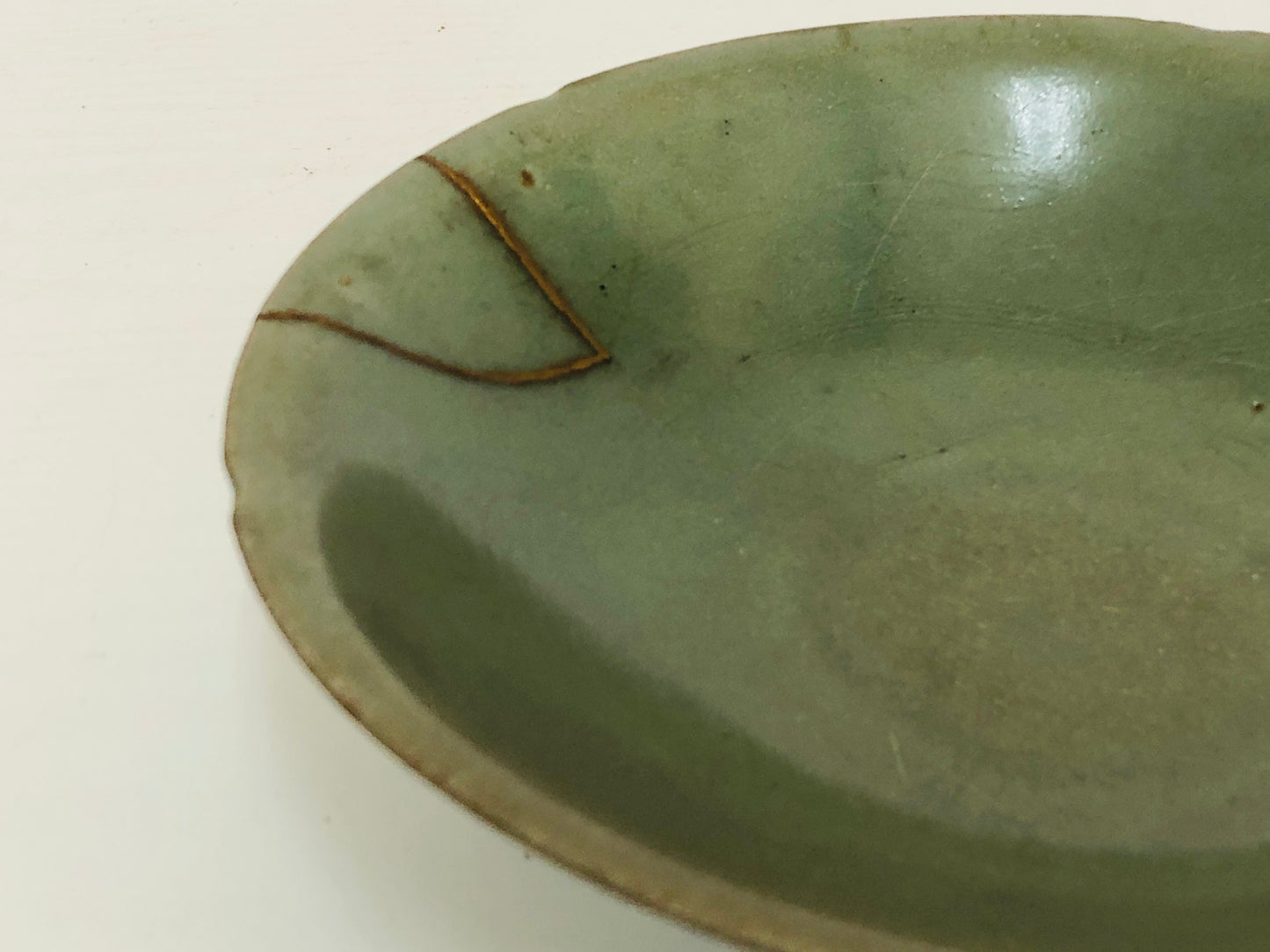 Y4105 CHAWAN Celadon kintsugi box Japan antique tea ceremony pottery bowl