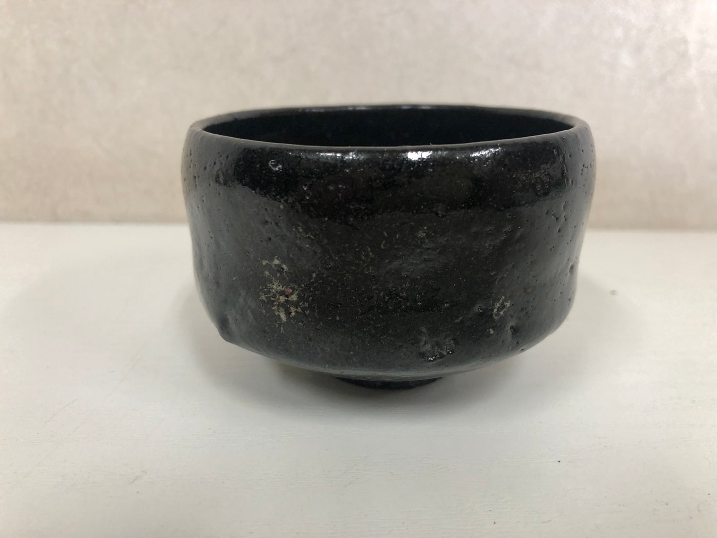 Y4109 CHAWAN Raku-ware Black travel Japan antique tea ceremony pottery bowl