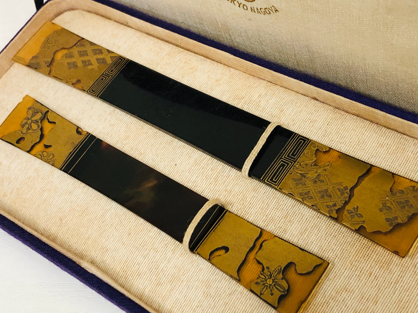 Y4118 KOUGAI Hair dressing tools Makie pair set box Japan antique kimono