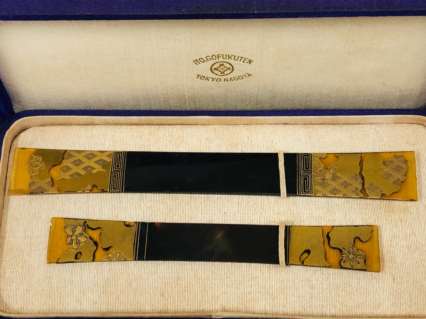 Y4118 KOUGAI Hair dressing tools Makie pair set box Japan antique kimono