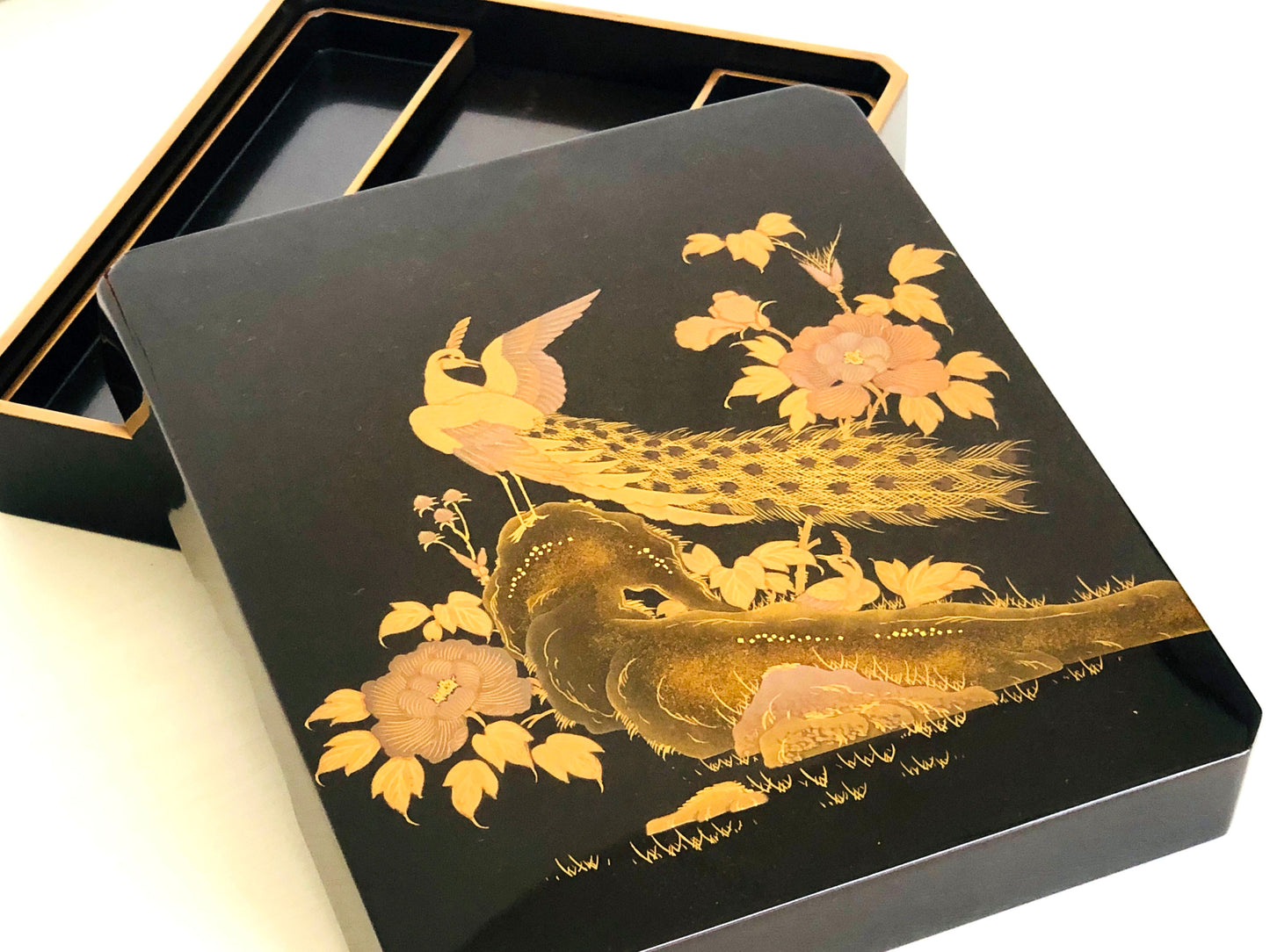 Y4167 BOX Makie Suzuri case flower bird signed Japan antique vintage storage