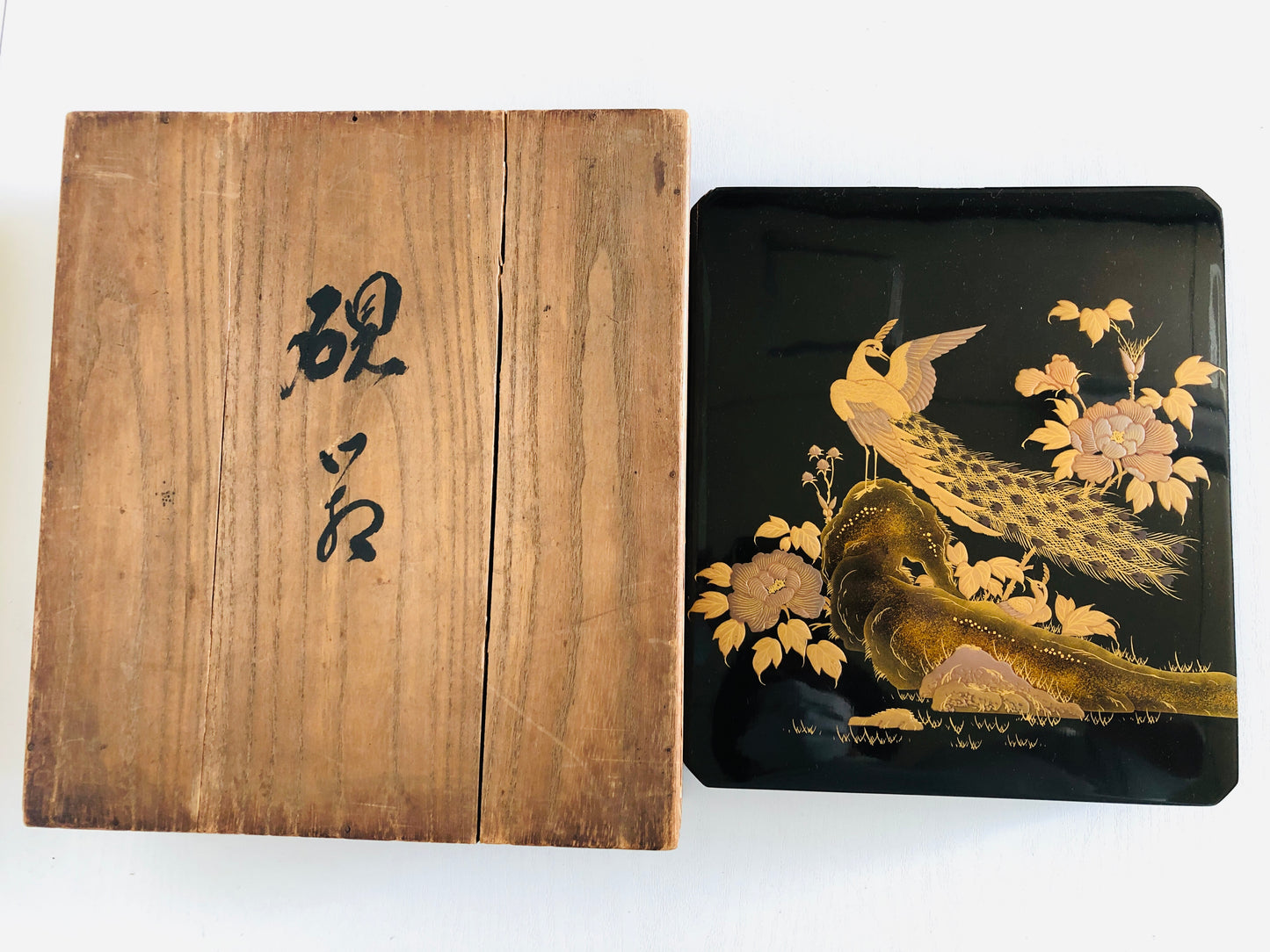 Y4167 BOX Makie Suzuri case flower bird signed Japan antique vintage storage