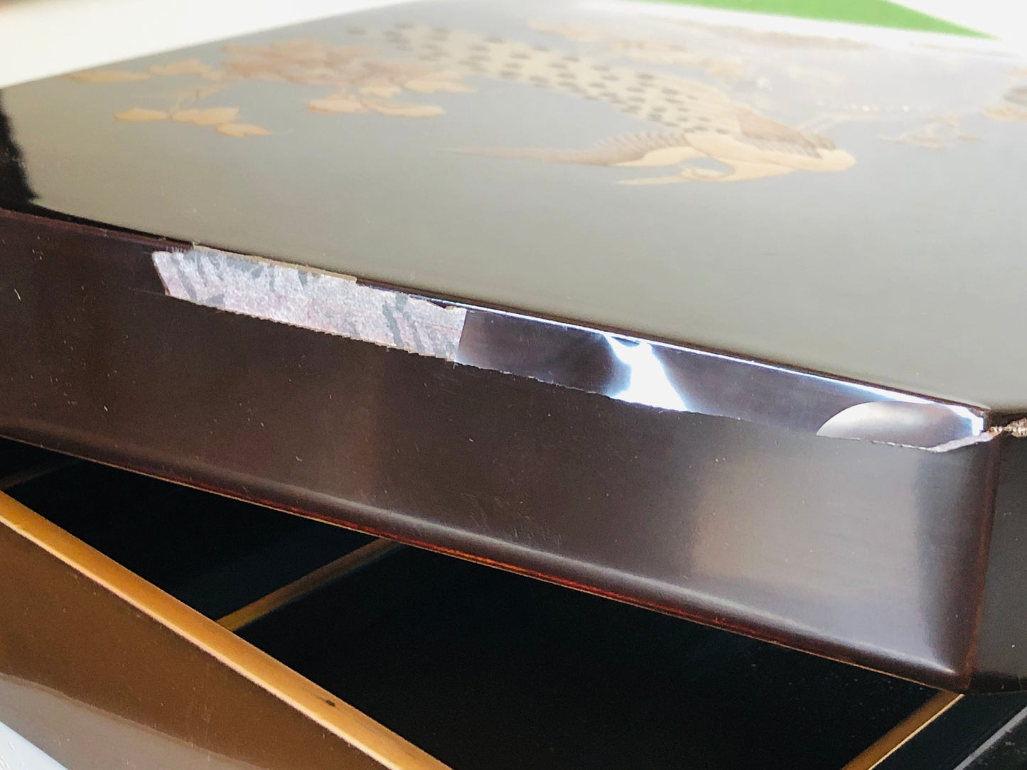Y4167 BOX Makie Suzuri case flower bird signed Japan antique vintage storage