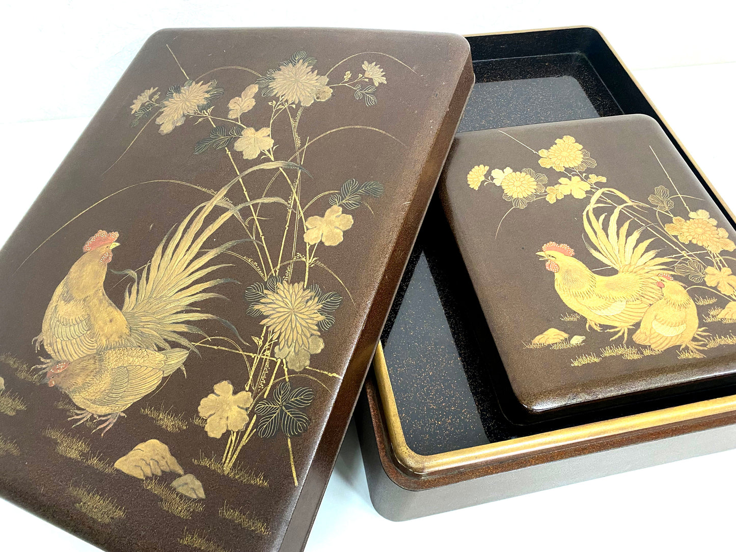 Y4170 BOX Makie Letter Suzuri case Set flower bird Japan antique vintage storage