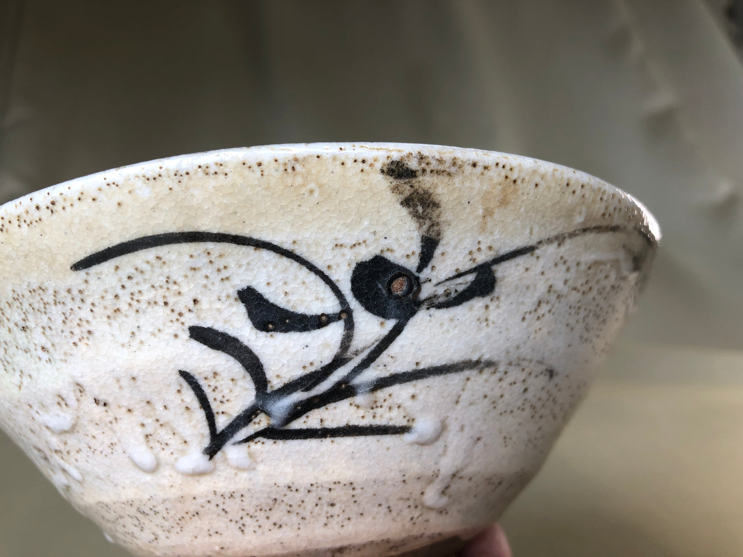 Y4180 CHAWAN Oribe-ware flat Japan antique tea ceremony pottery bowl vintage