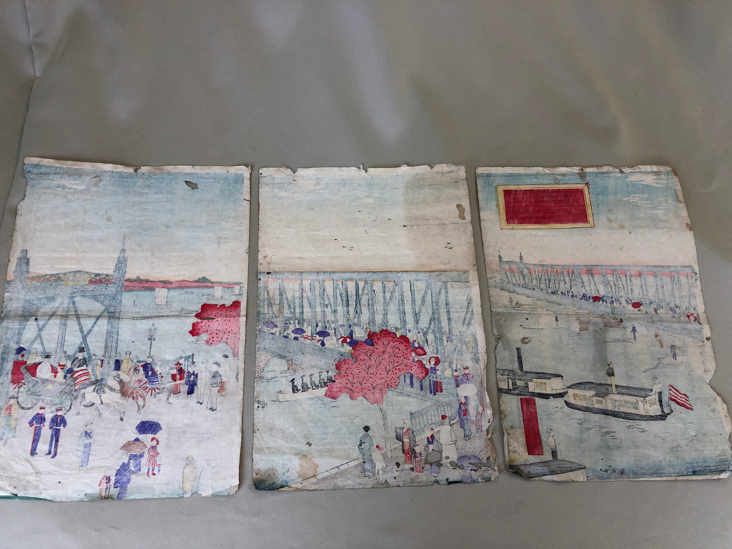 Y4194 WOODBLOCK PRINT Tankei Tokyo famous spots triptych Japan Ukiyoe antique
