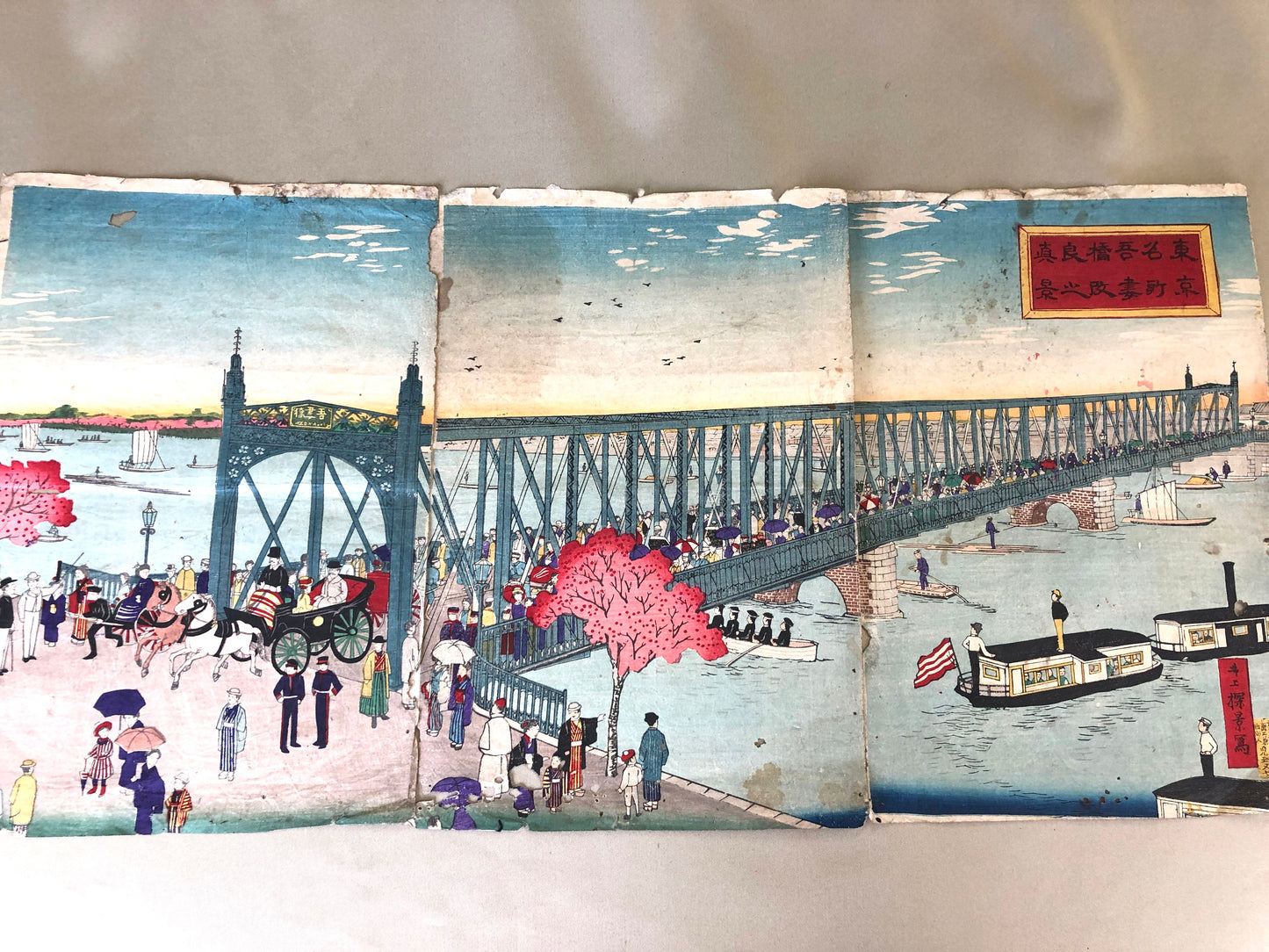Y4194 WOODBLOCK PRINT Tankei Tokyo famous spots triptych Japan Ukiyoe antique