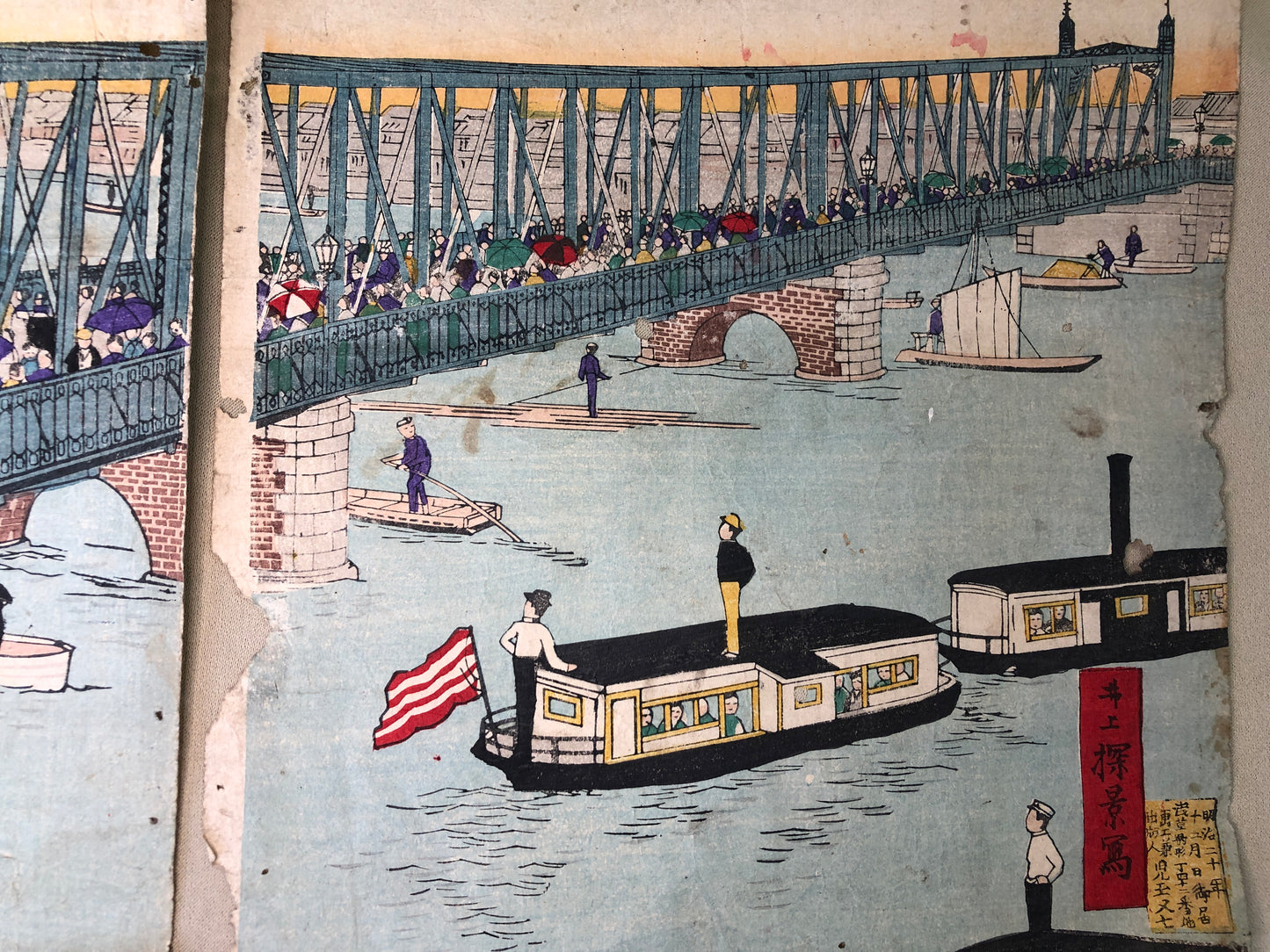 Y4194 WOODBLOCK PRINT Tankei Tokyo famous spots triptych Japan Ukiyoe antique