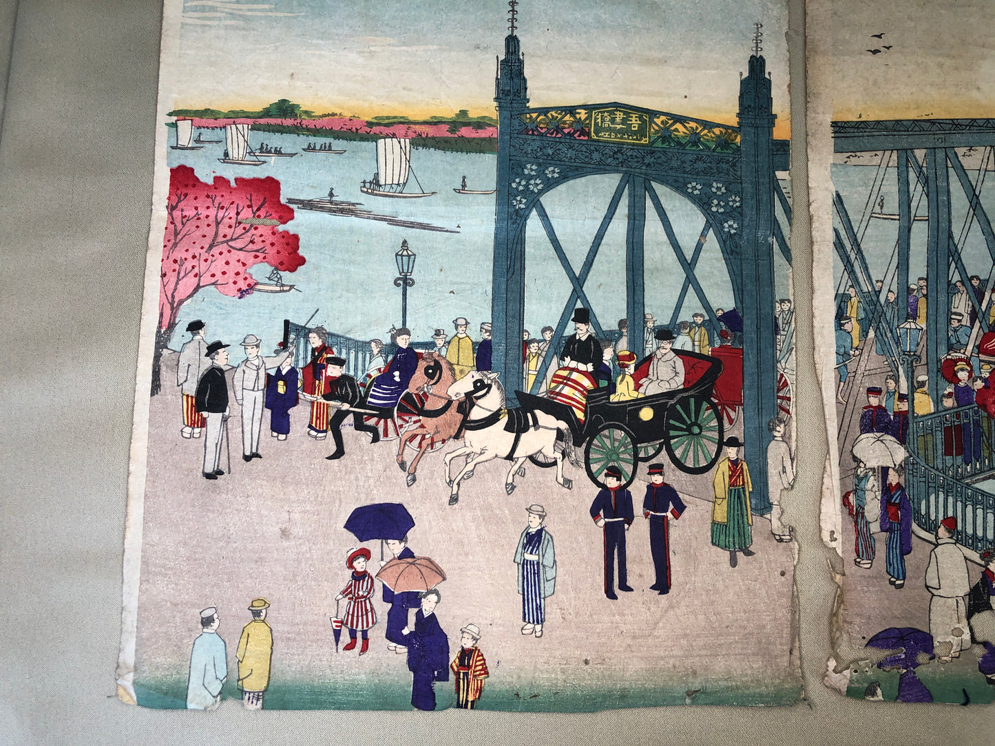 Y4194 WOODBLOCK PRINT Tankei Tokyo famous spots triptych Japan Ukiyoe antique