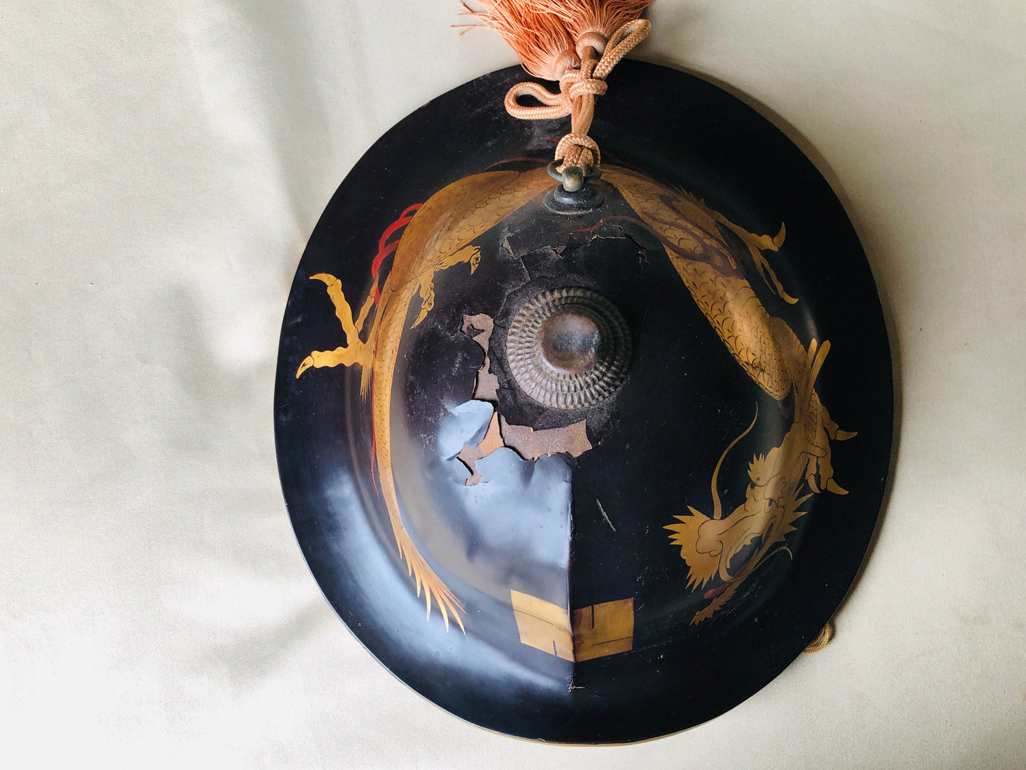 Y4216 JINGASA armor helmet Dragon Makie samurai busho Japanese antique vintage