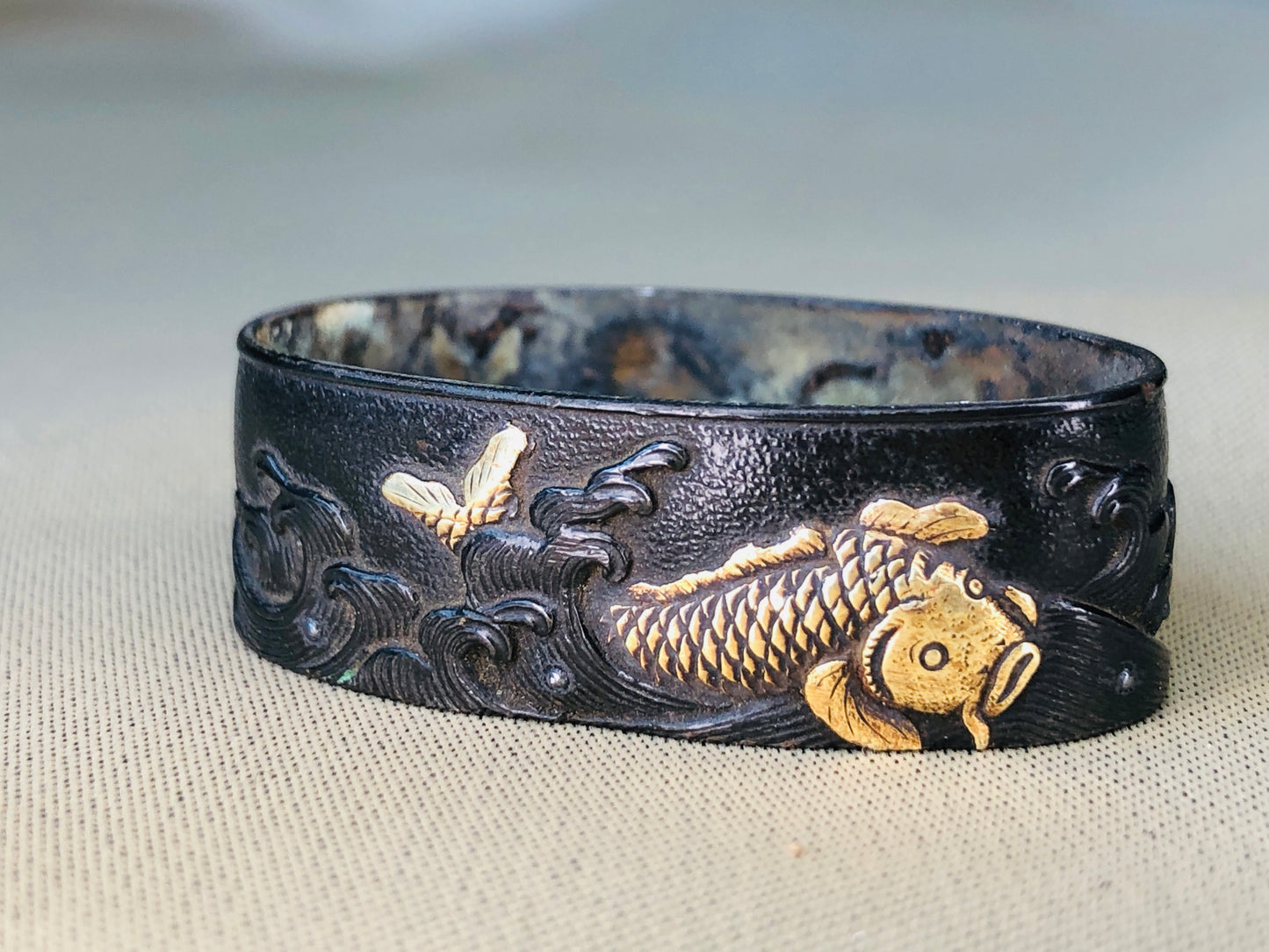 Y4219 TSUKA Wakizashi samurai sword wave koi fish Koshirae tsuba antique Katana