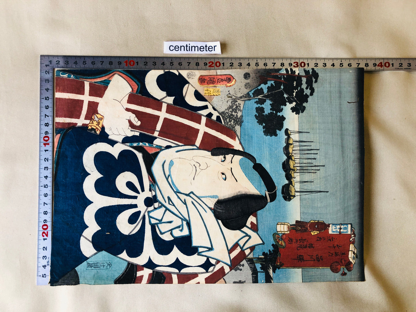 Y4297 WOODBLOCK PRINT Toyokuni person landscape Japan Ukiyoe art antique vintage