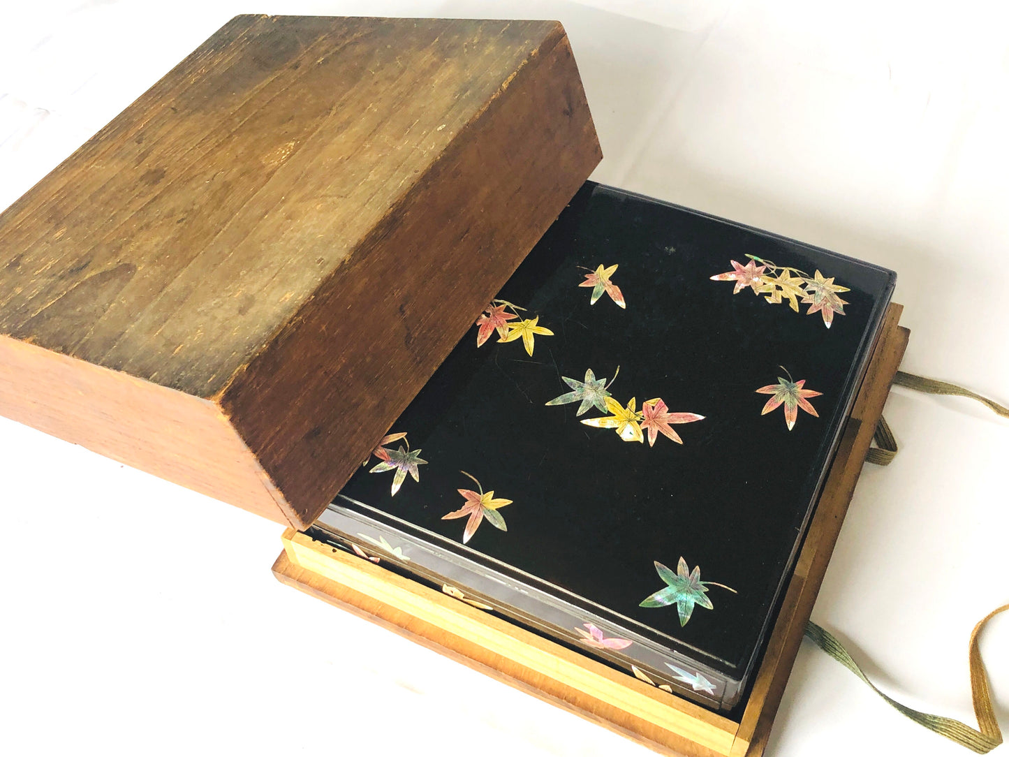 Y4373 BOX Makie Suzuri case autumn leaves Japan antique vintage storage interior