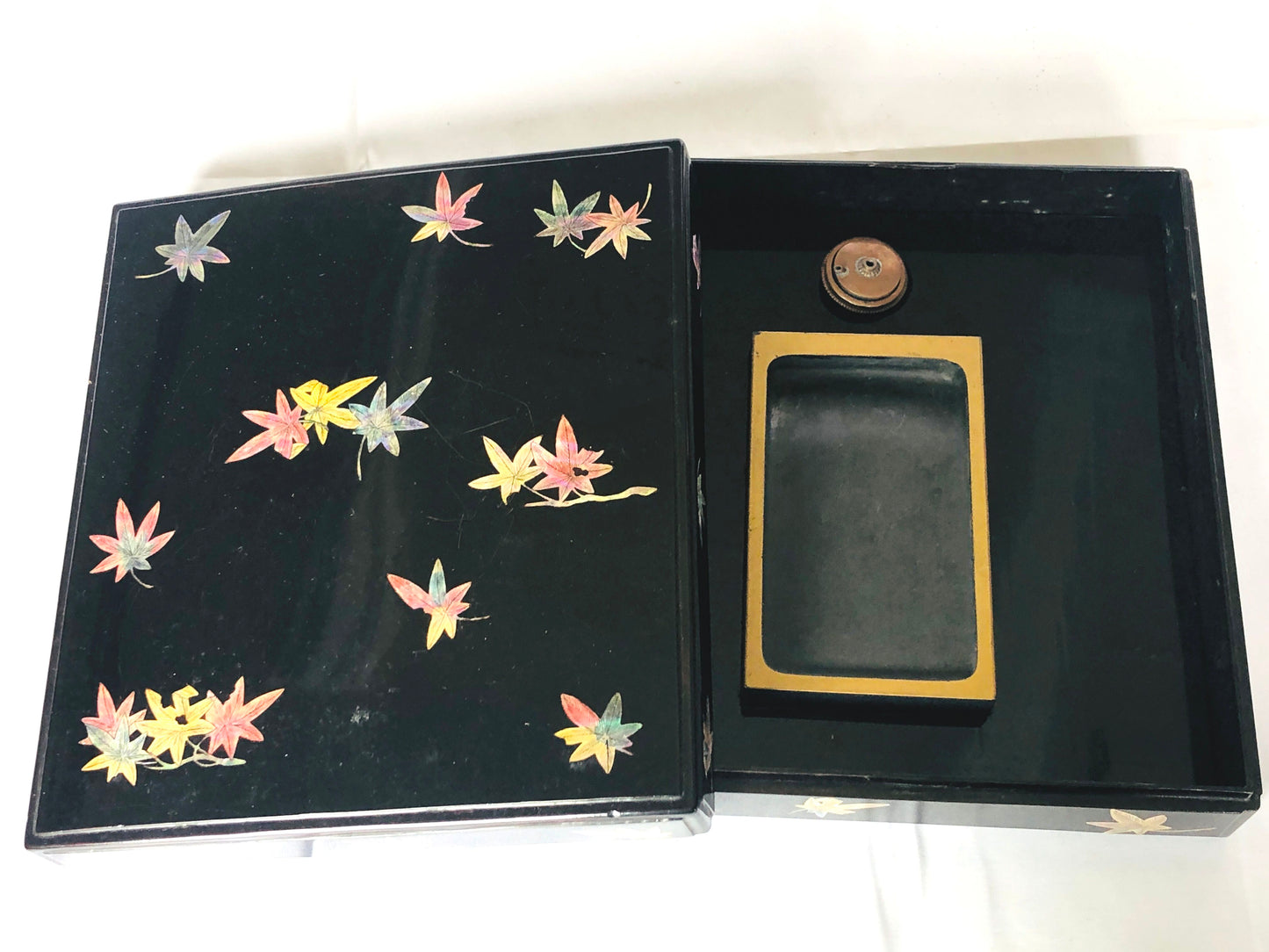 Y4373 BOX Makie Suzuri case autumn leaves Japan antique vintage storage interior