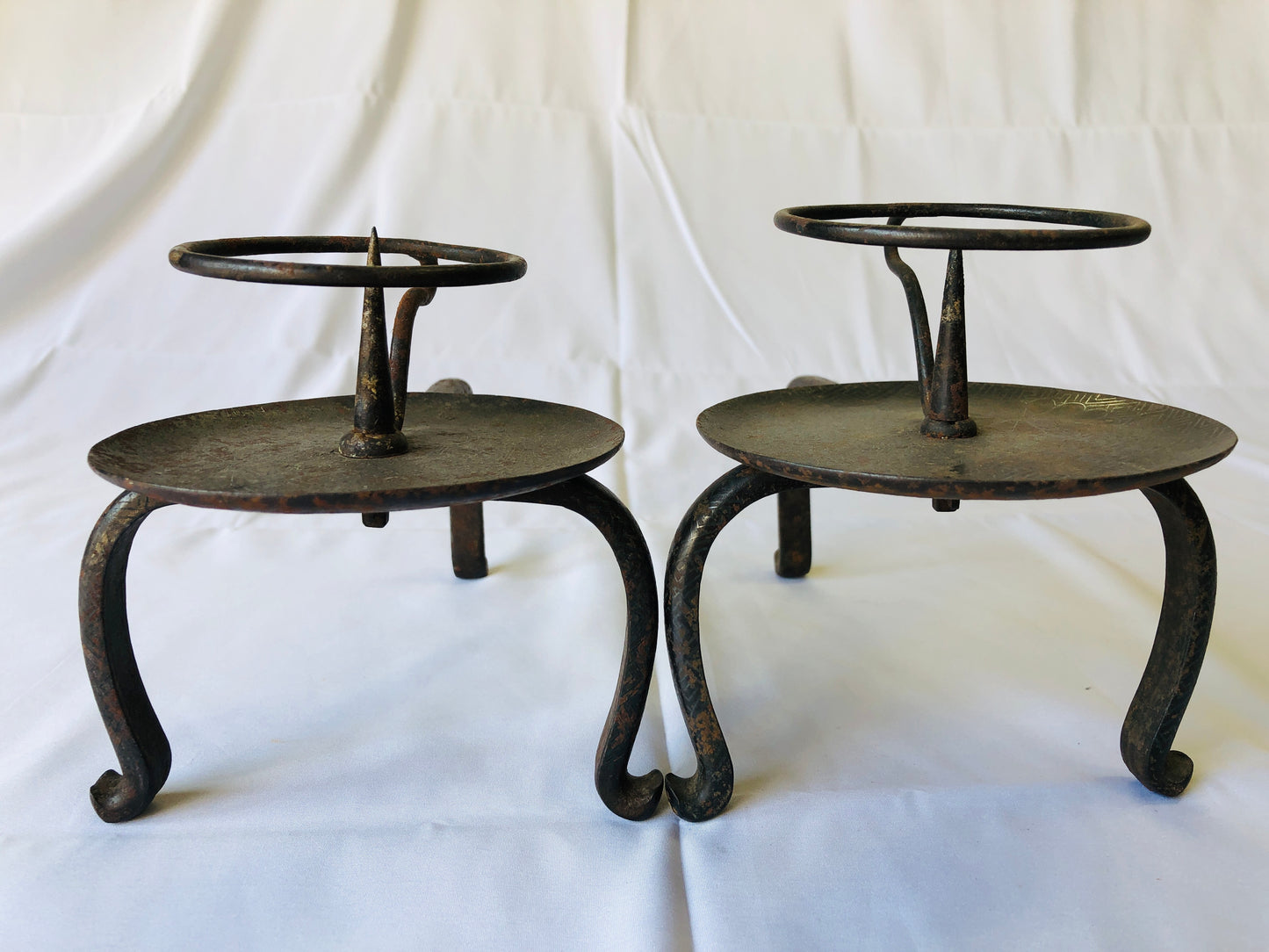 Y4386 Buddhist Altar Equipment Iron Candle Stand Holder pair inlay Japan antique