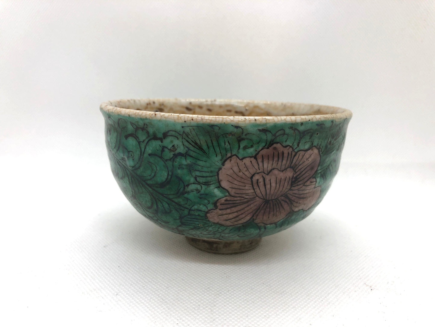 Y4459 CHAWAN Kutani-ware signed flower Japan antique tea ceremony pottery bowl