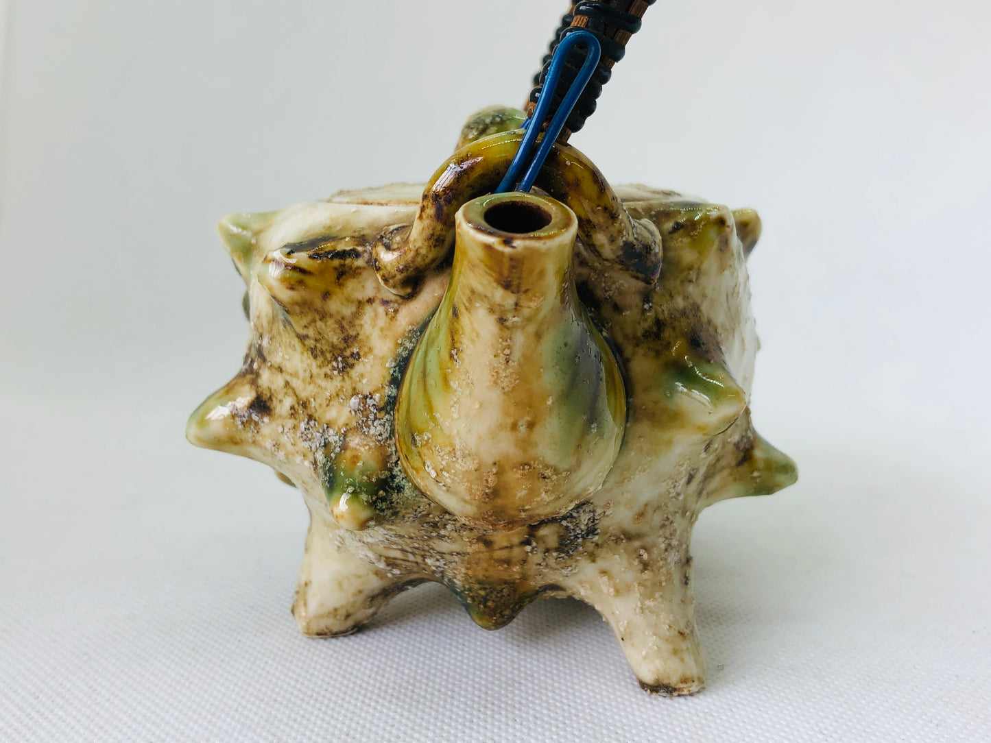 Y4493 KYUSU Oribe-ware Teapot turban shell shape Tea Ceremony Japan antique pot