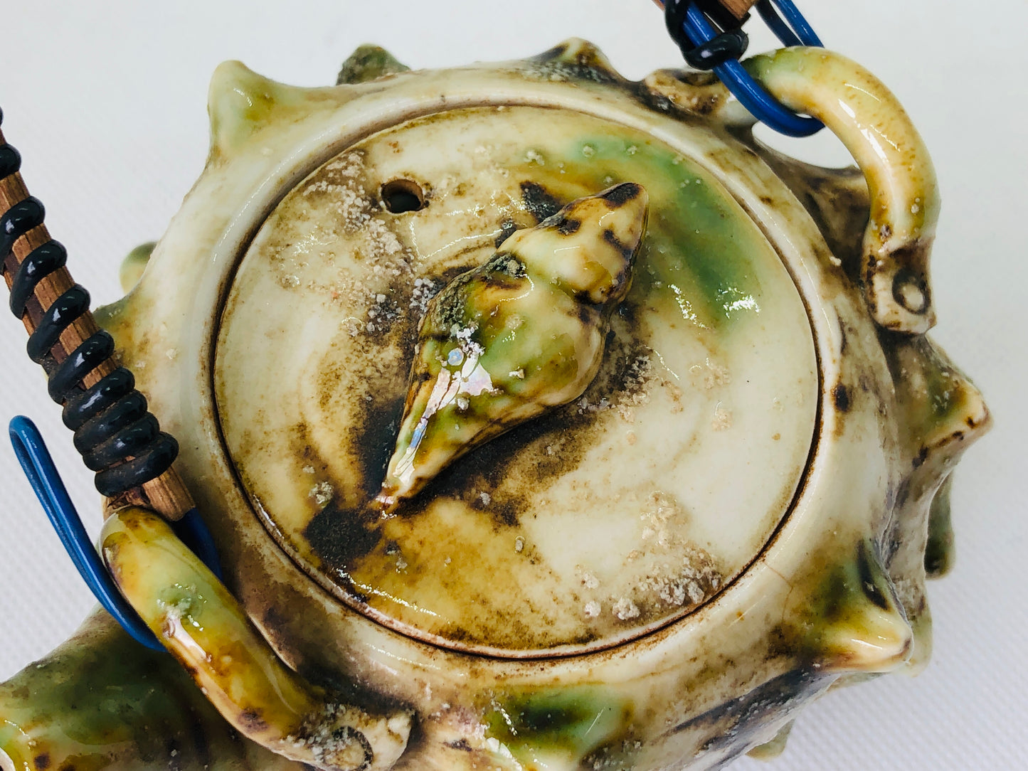 Y4493 KYUSU Oribe-ware Teapot turban shell shape Tea Ceremony Japan antique pot