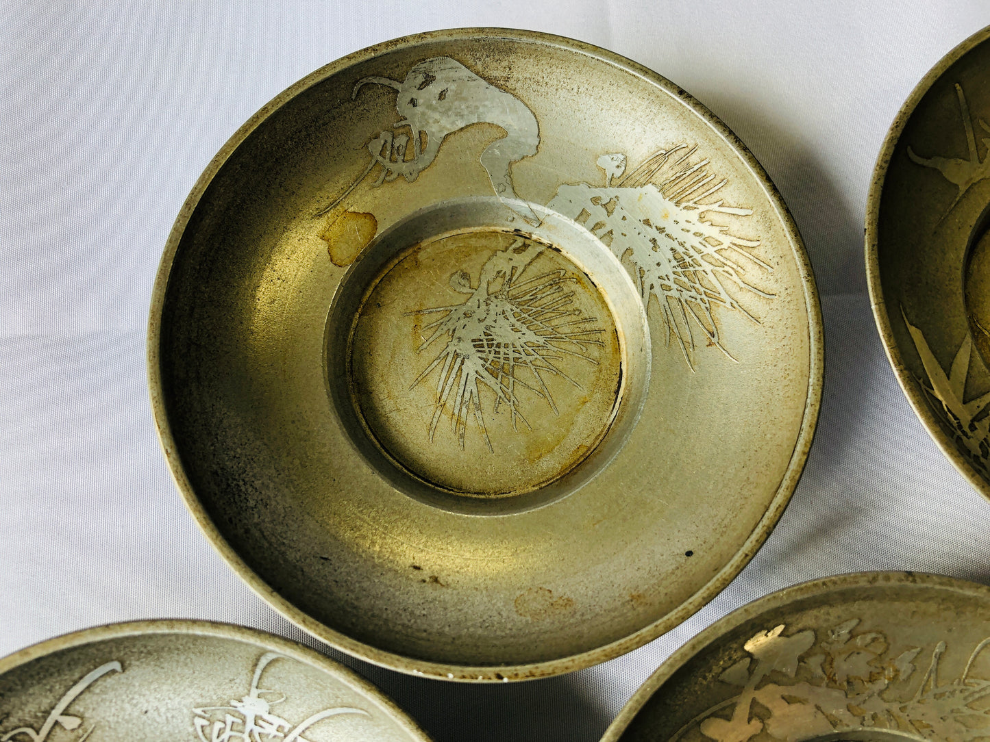 Y4497 DISH Tin Chataku Saucer Cup Holder Coaster set of 5 signed Japan antique