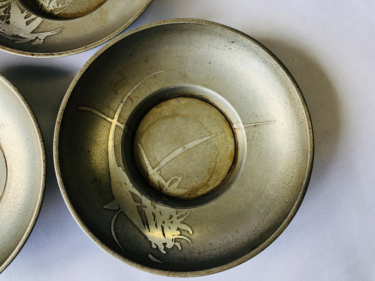 Y4497 DISH Tin Chataku Saucer Cup Holder Coaster set of 5 signed Japan antique