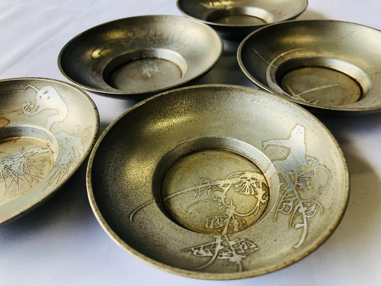 Y4497 DISH Tin Chataku Saucer Cup Holder Coaster set of 5 signed Japan antique
