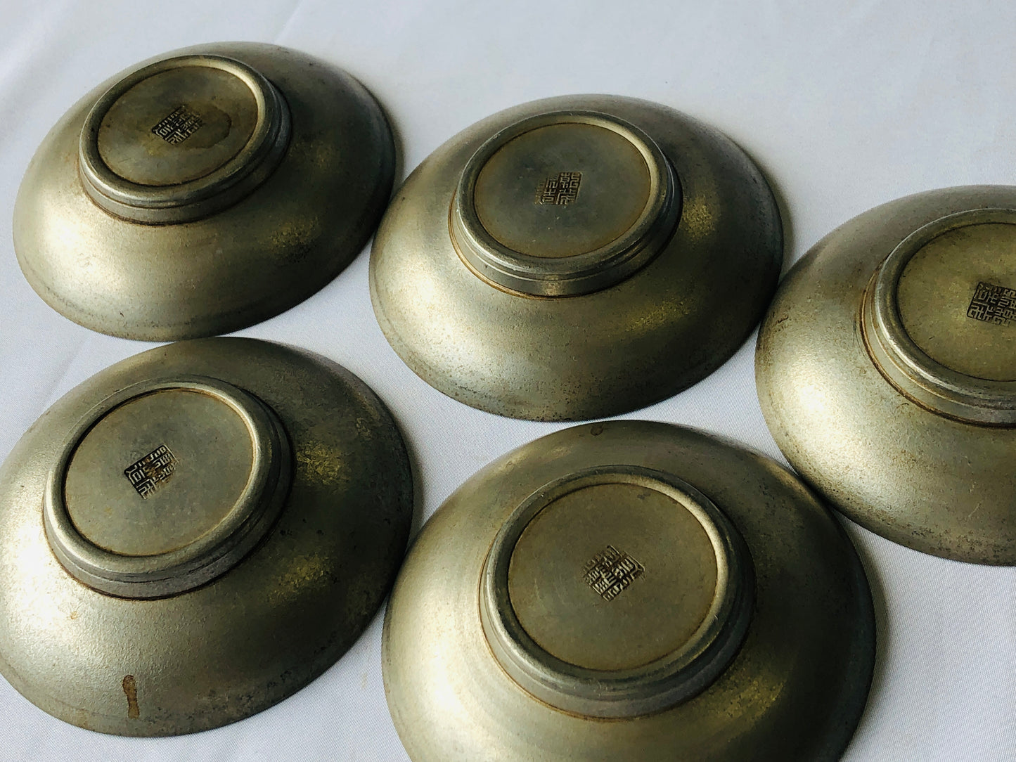 Y4497 DISH Tin Chataku Saucer Cup Holder Coaster set of 5 signed Japan antique