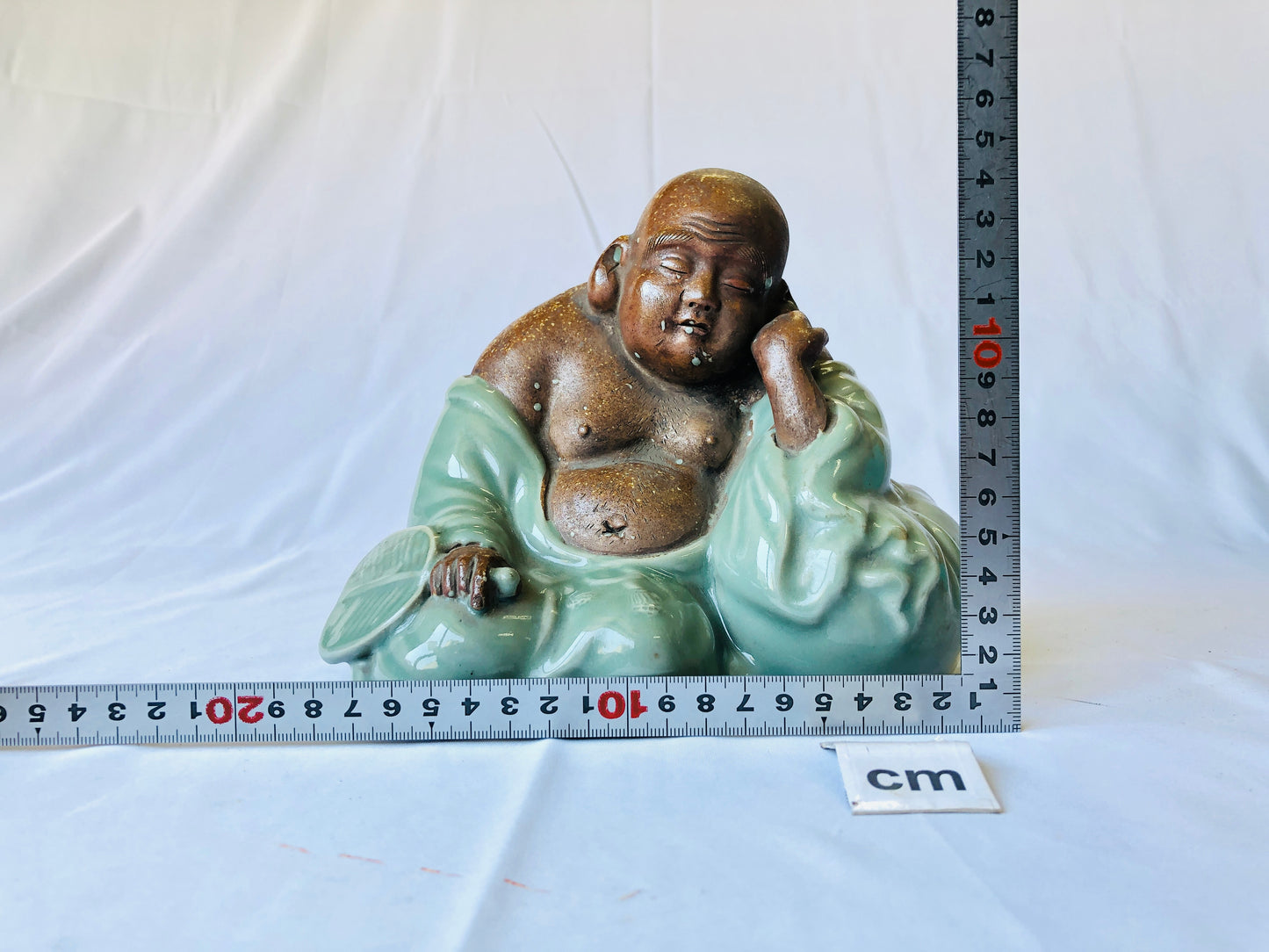 Y4533 STATUE Celadon Hotei sleeping God of Cleverness figure Japan antique decor