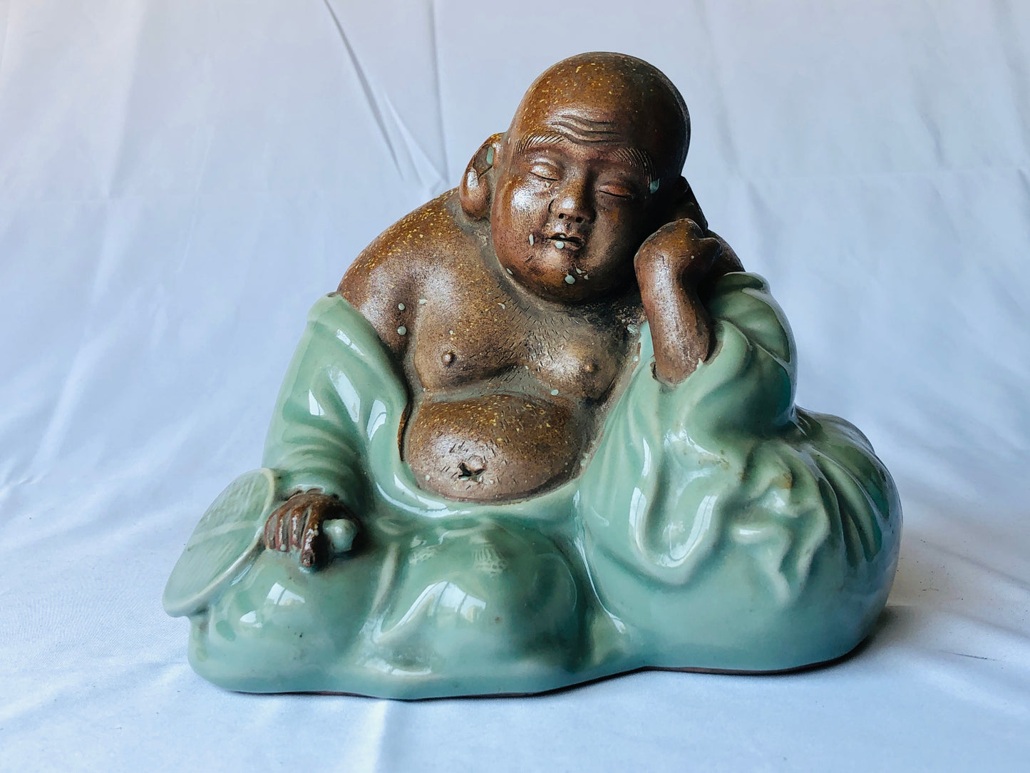 Y4533 STATUE Celadon Hotei sleeping God of Cleverness figure Japan antique decor
