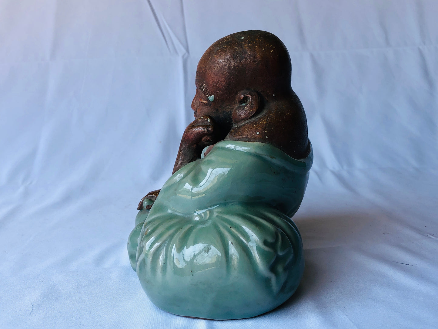 Y4533 STATUE Celadon Hotei sleeping God of Cleverness figure Japan antique decor