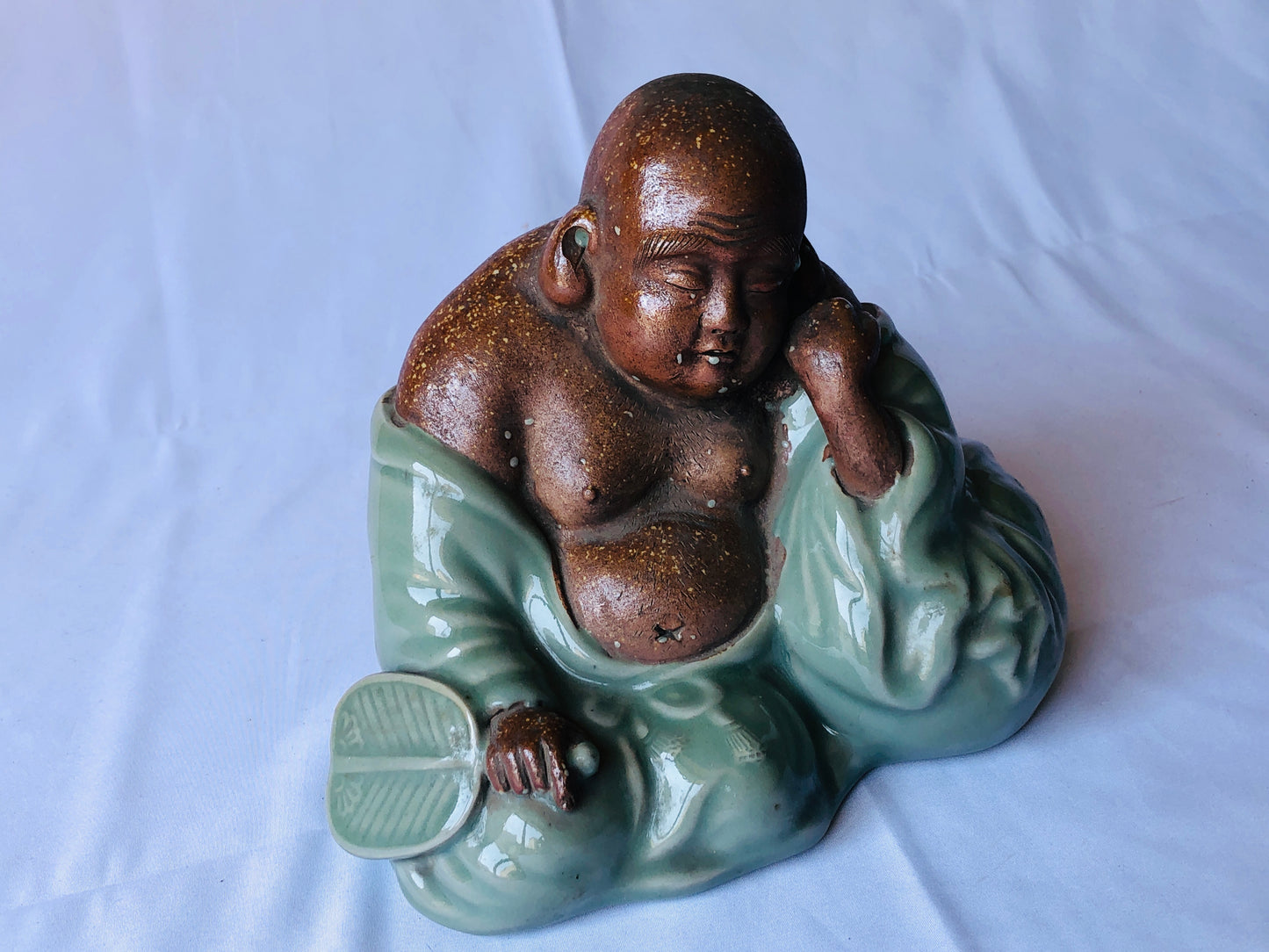 Y4533 STATUE Celadon Hotei sleeping God of Cleverness figure Japan antique decor