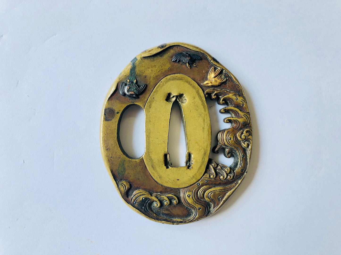 Y4570 TSUBA sword guard wave bird inlay Japan samurai katana koshirae edo