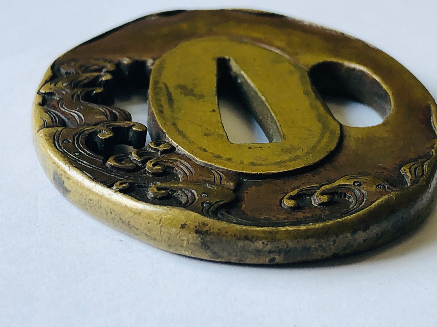 Y4570 TSUBA sword guard wave bird inlay Japan samurai katana koshirae edo