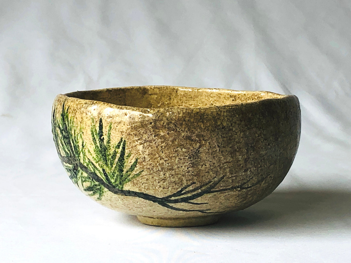 Y4766 CHAWAN Raku-ware white flat pine Japan antique tea ceremony pottery bowl