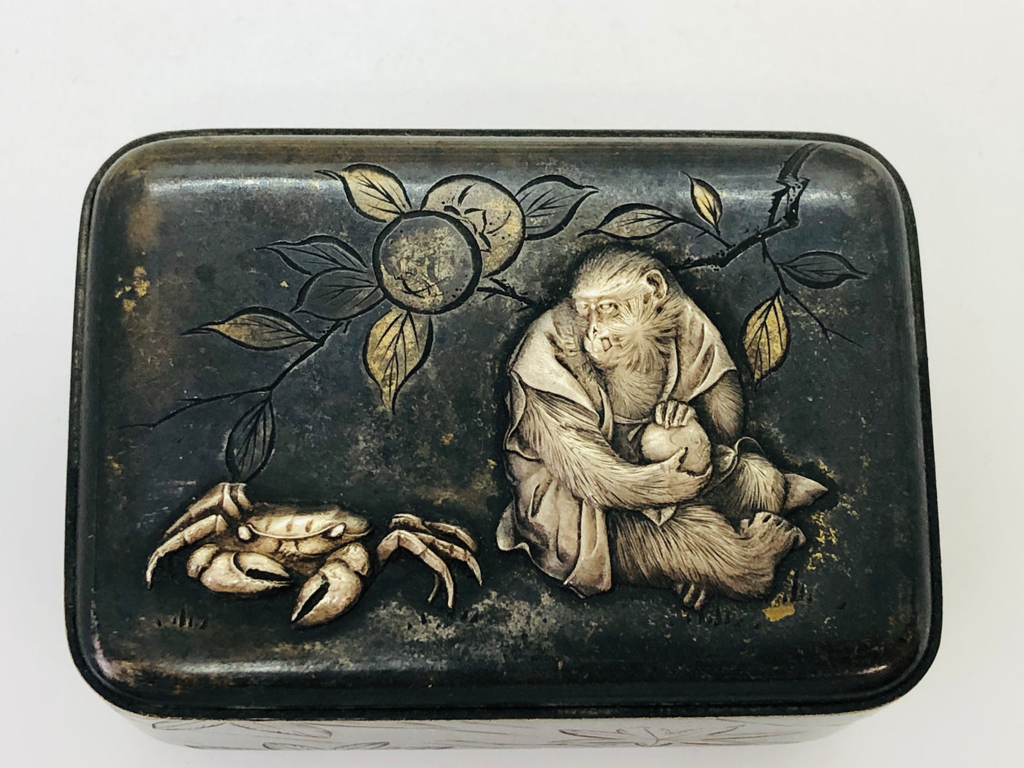 Y4859 BOX inlay small case storage monkey crab Japan antique vintage interior